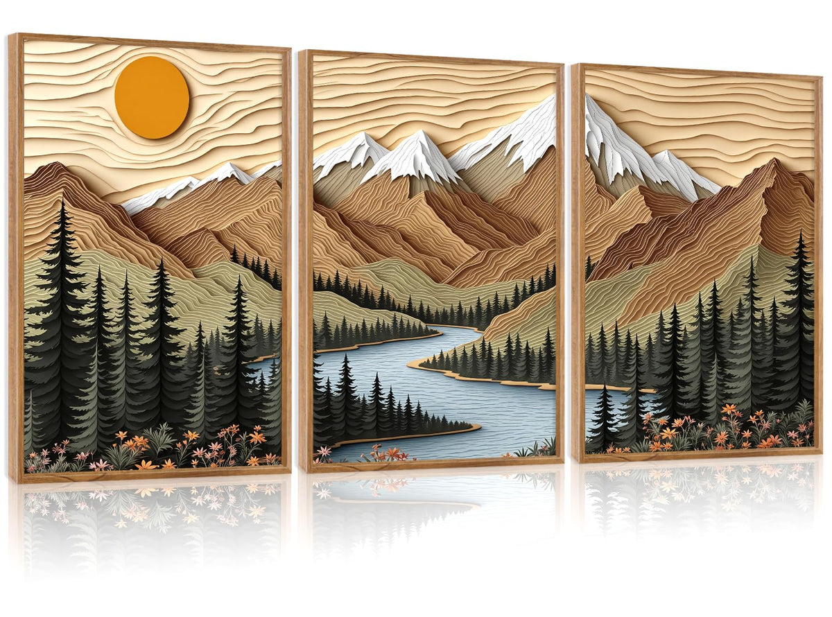 Mountain Forest Framed Canvas Wall Art Set Of 3 (Mountain A)