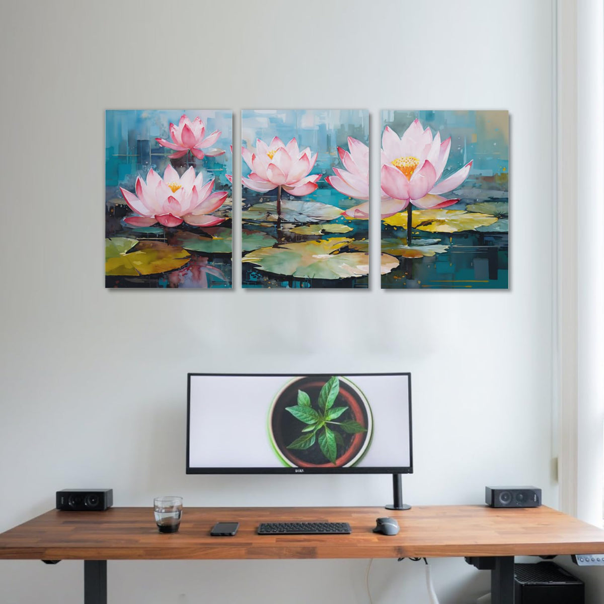 Lotus Canvas Wall Art 3 Pieces Pink Flower with Lotus Leaf in River Pictures Prints Wall Decor Nature Landscape Painting Modern Artwork for Living Room Bathroom Bedroom Office Home (Lotus-4 / 16.00"x24.00"x3P)