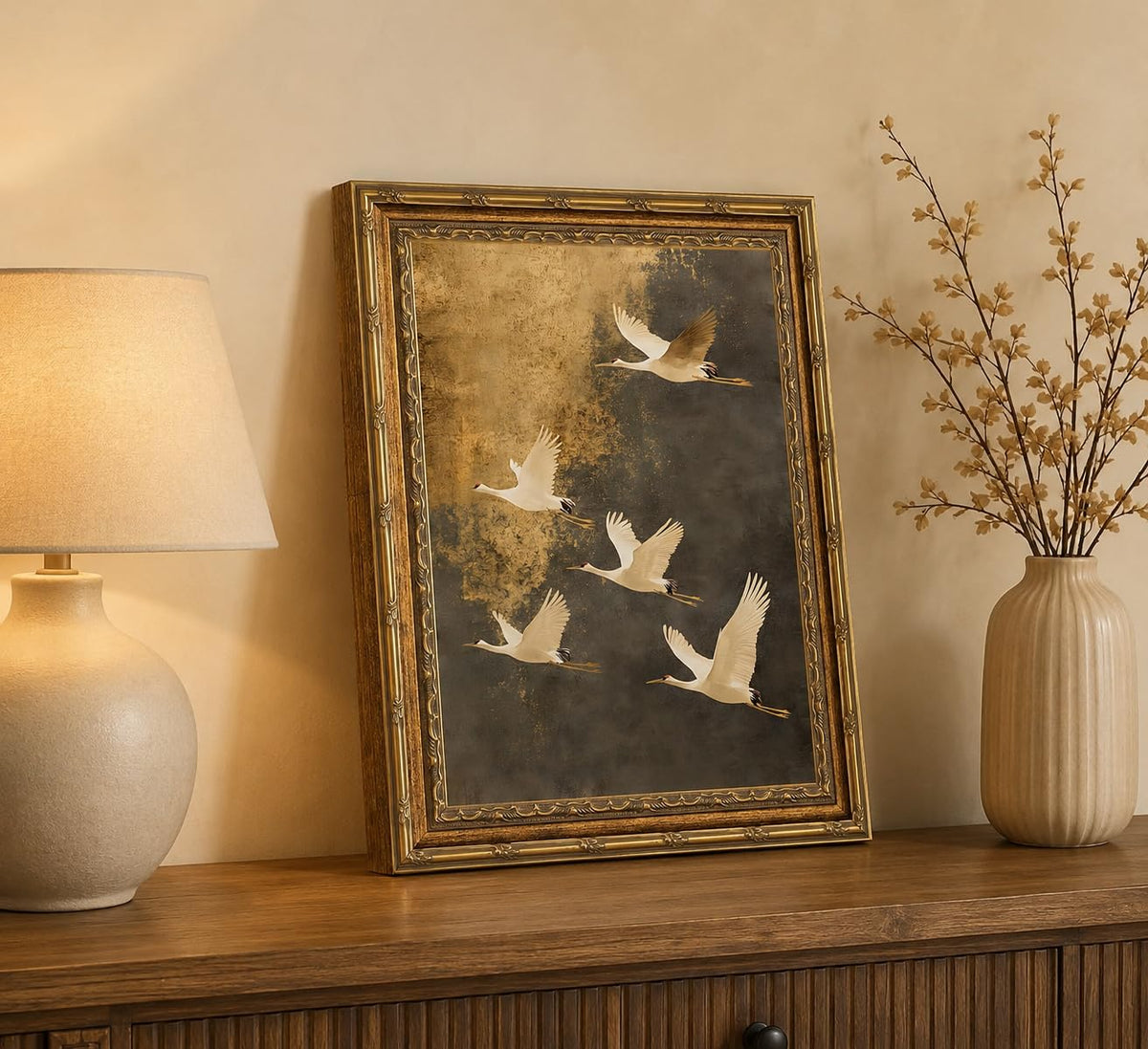 Gold Framed Japanese Flying Cranes Wall Art (Crane / 11"L x 9"W)