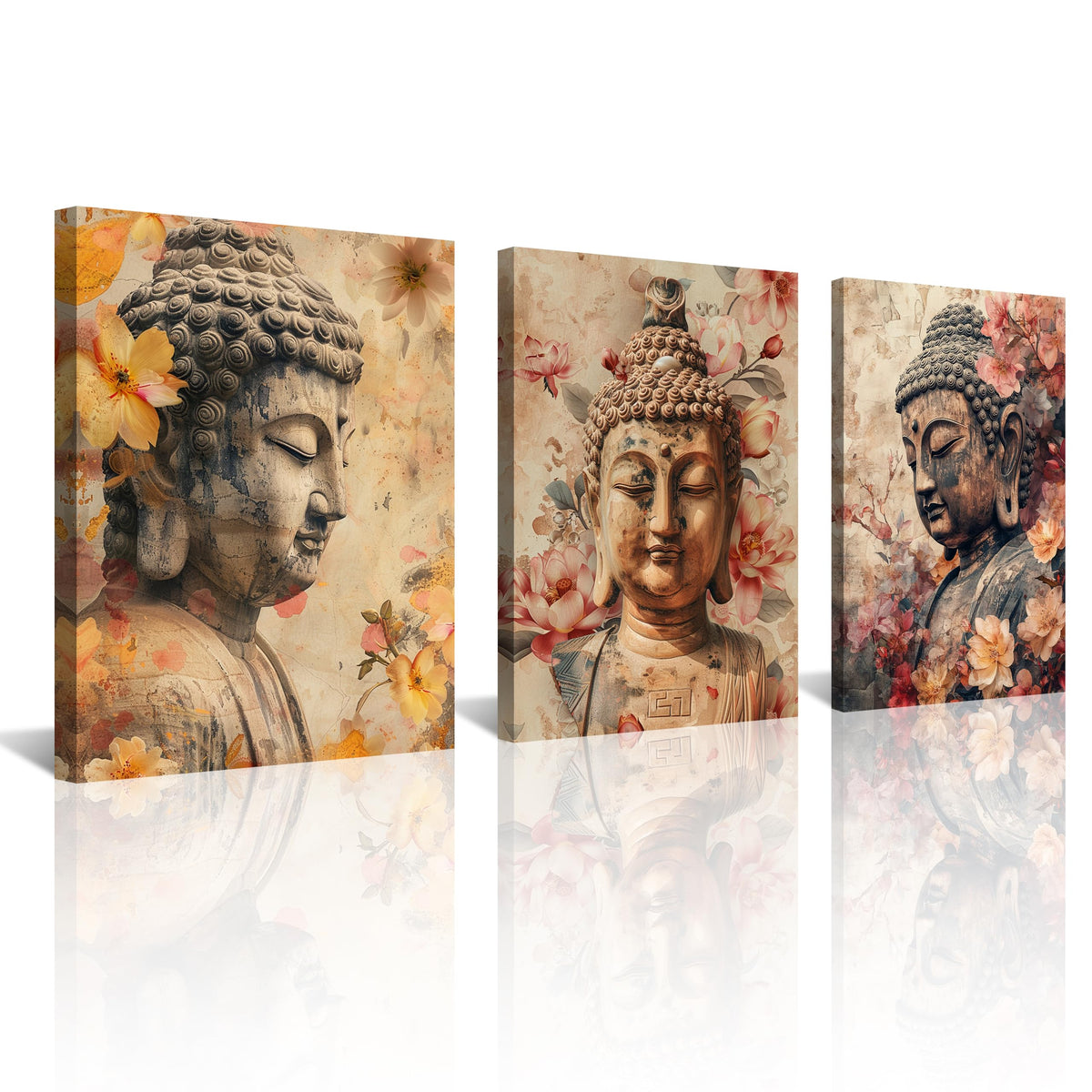 3Pcs Buddha Statue Floral Canvas Art Flowers Buddha Zen Meditation Decor Spiritual Wall Art for Home Ready to Hang Spiritual Zen Decor Peaceful Meditation Art for Living Room (12"L x 16"W / Buddha&Flower)