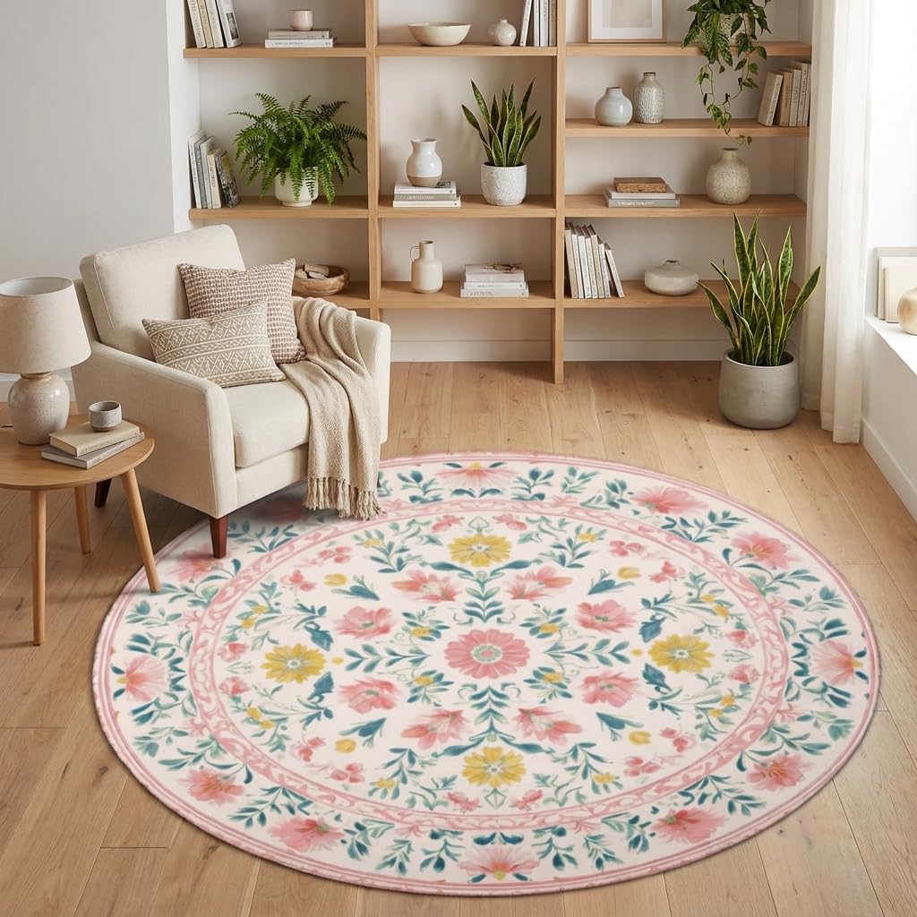 Boho Floral Round Area Rug 4ft (Daily-floral Pink B / 4' (Round))
