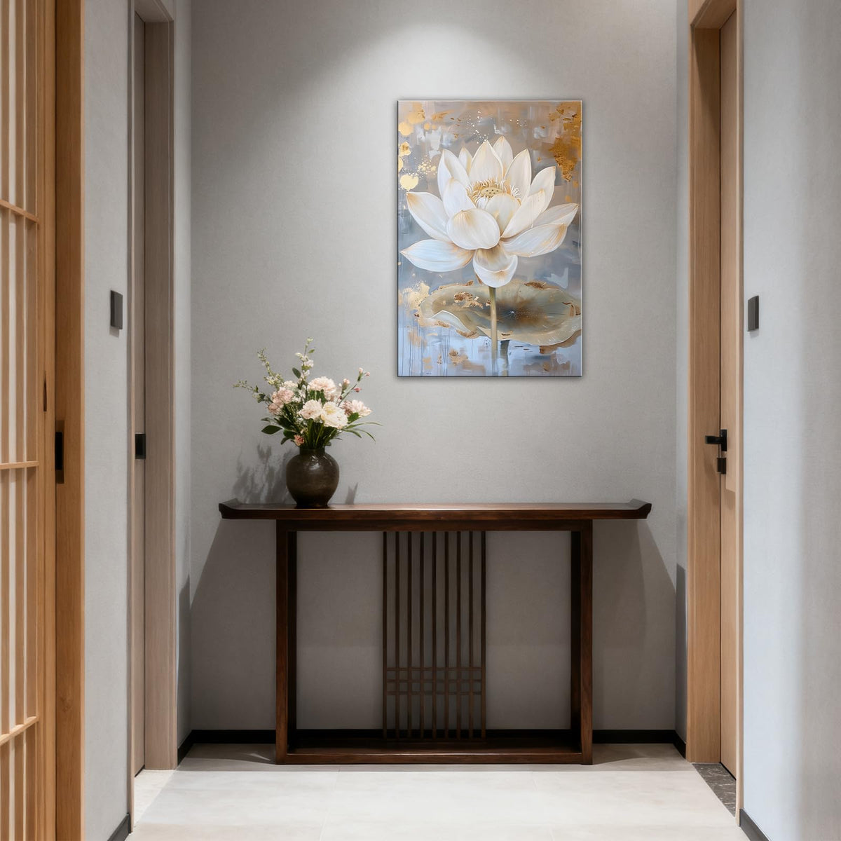Gold White Lotus Canvas Wall Art Blooming Lotus Flower Painting Print Abstract Zen Floral Poster Artwork for Living Room Bedroom Decor Framed (Artwork-9 / 24"L x 16"W)