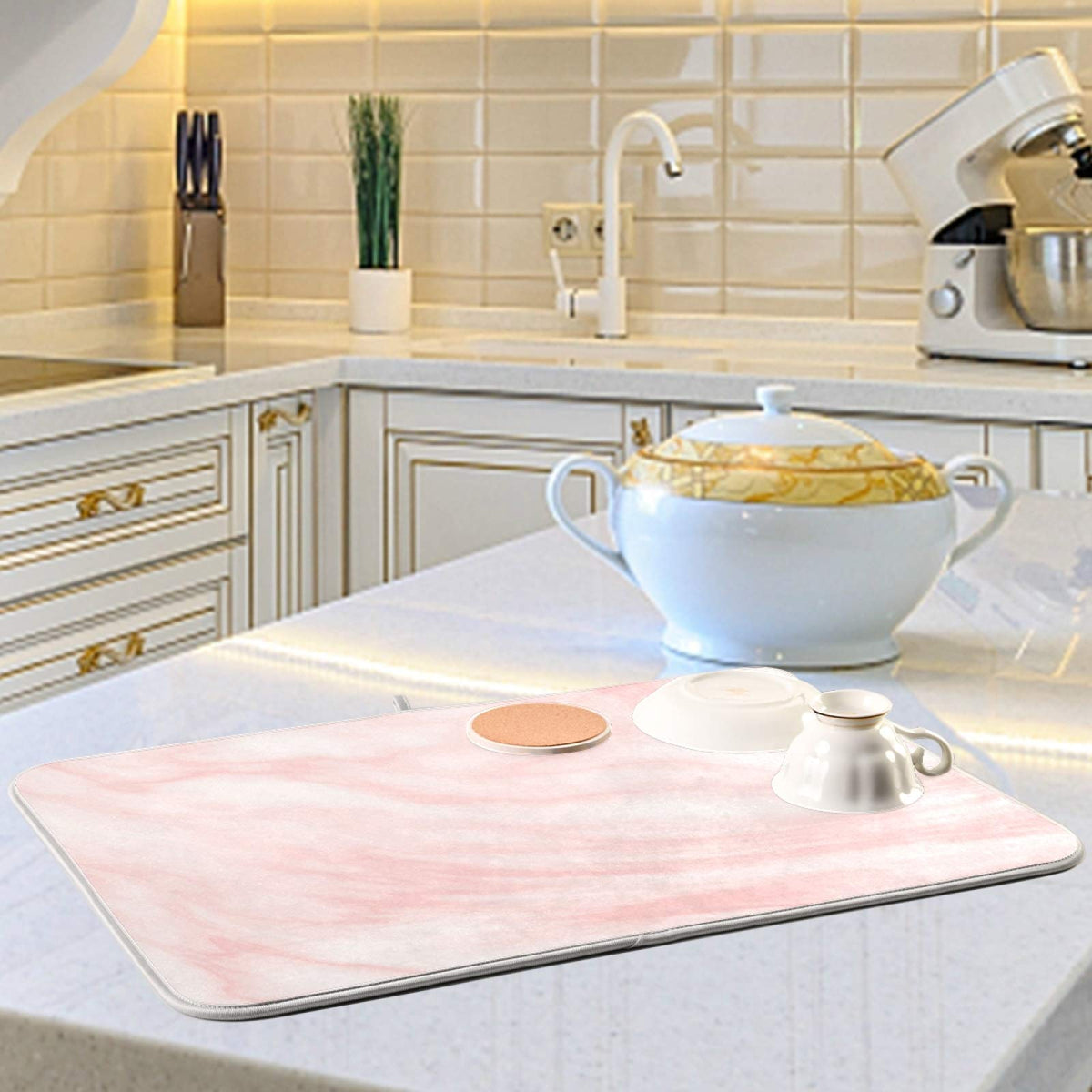 Super Absorbent Dish Drying Mat (Pink Coral Marble / 16" x 18")