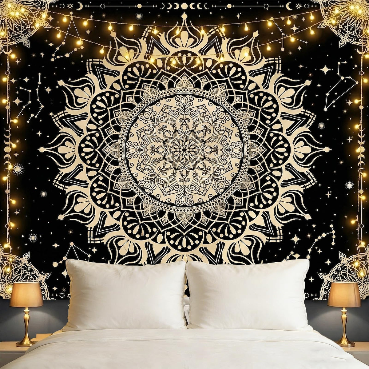 Boho Mandala Tapestry for Bedroom (Black Mandala Tapestry / 79"L x 60"W)