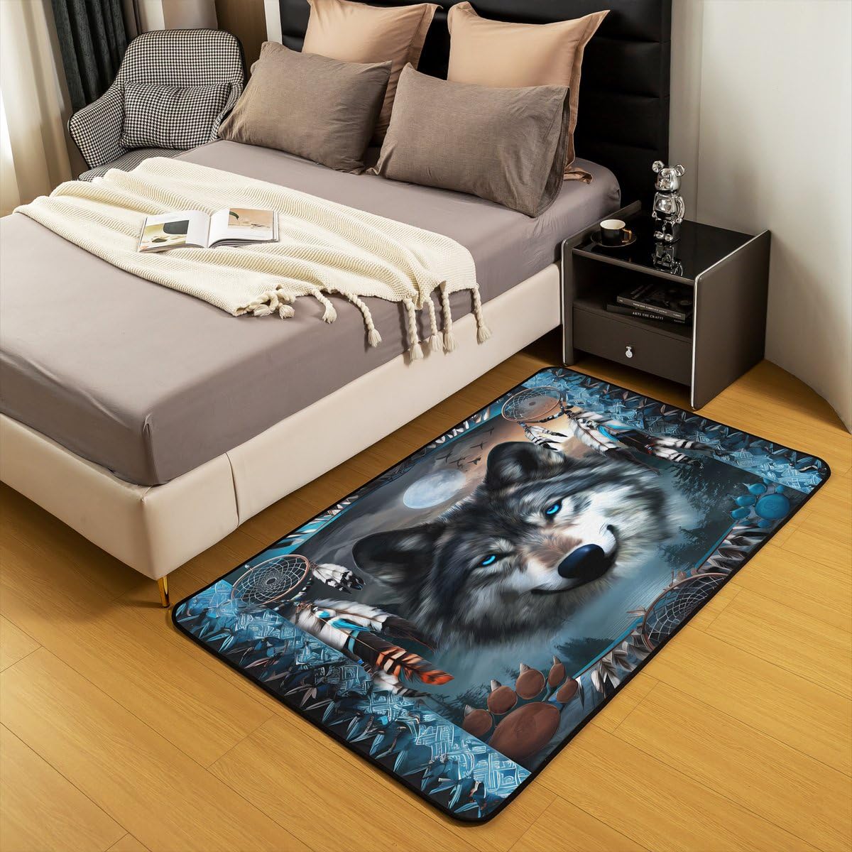 Western Wolf Area Rug 3x5 Bohemian Dream Catchers (Grey Blue / 3'3" x 4'11" (Rectangular))