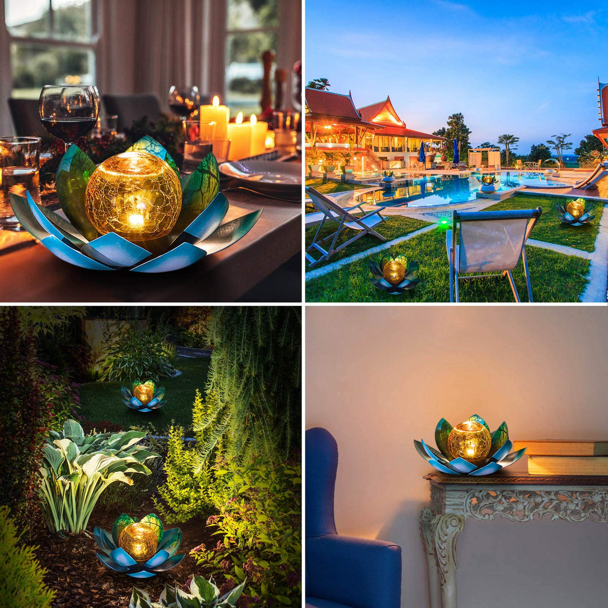 Solar Light Outdoor Garden Decor Blue Metal Crackle Globe Glass Waterproof LED Lotus Flower Table Lamp Decorations for Patio Yard Porch Pathway Ground (Blue)