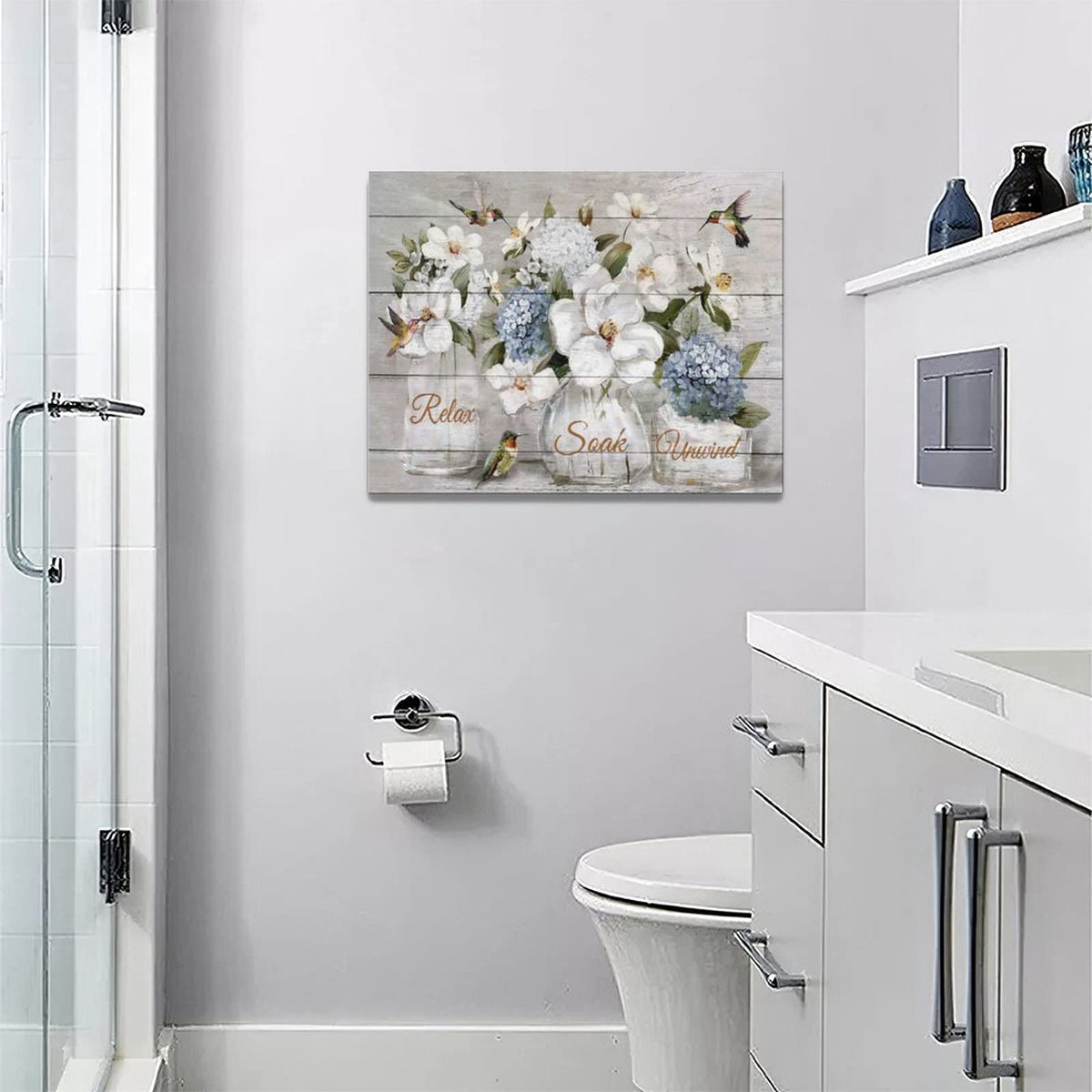 Farmhouse Flower Bathroom Decor Wall Art Rustic Hummingbird White Floral Pictures Wall Decor Relax Soak Unwind Bathroom Sign Canvas Painting Prints Artwork Home Decorations Framed for Bedroom 16"x12" (White Flower / 16"L x 12"W)