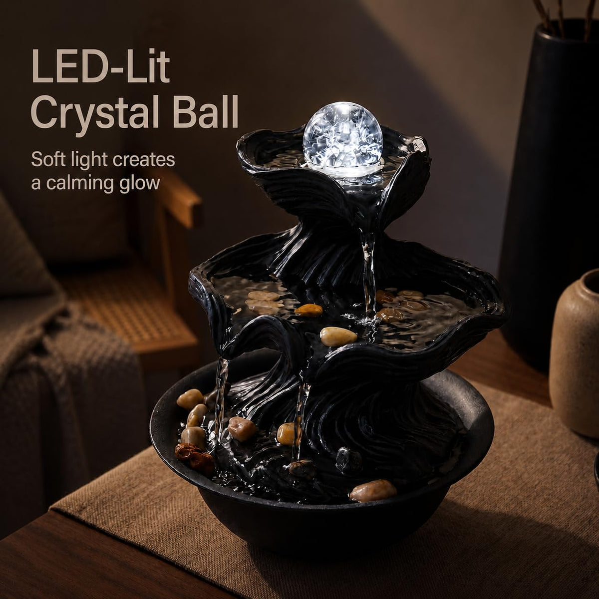 BYVBLETZ Tabletop Water Fountain (Black-crystal Ball-01)