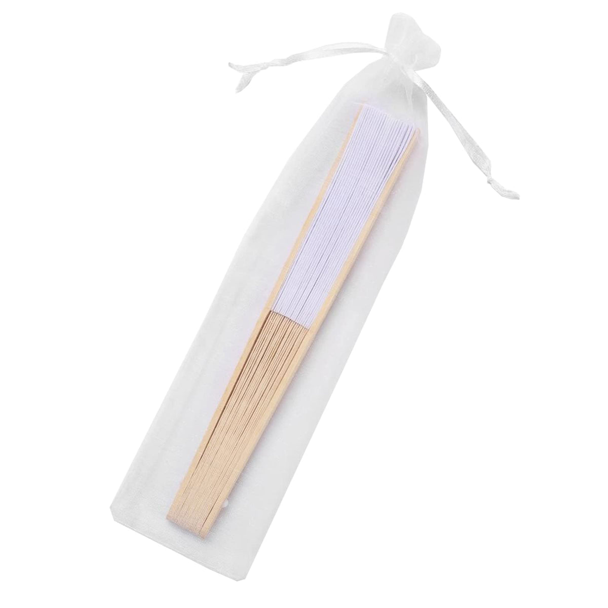 50pcs Paper Hand Fan with Organza Bags Bamboo Handheld Folding Fans DIY Decorative Wedding Party Favors (White)
