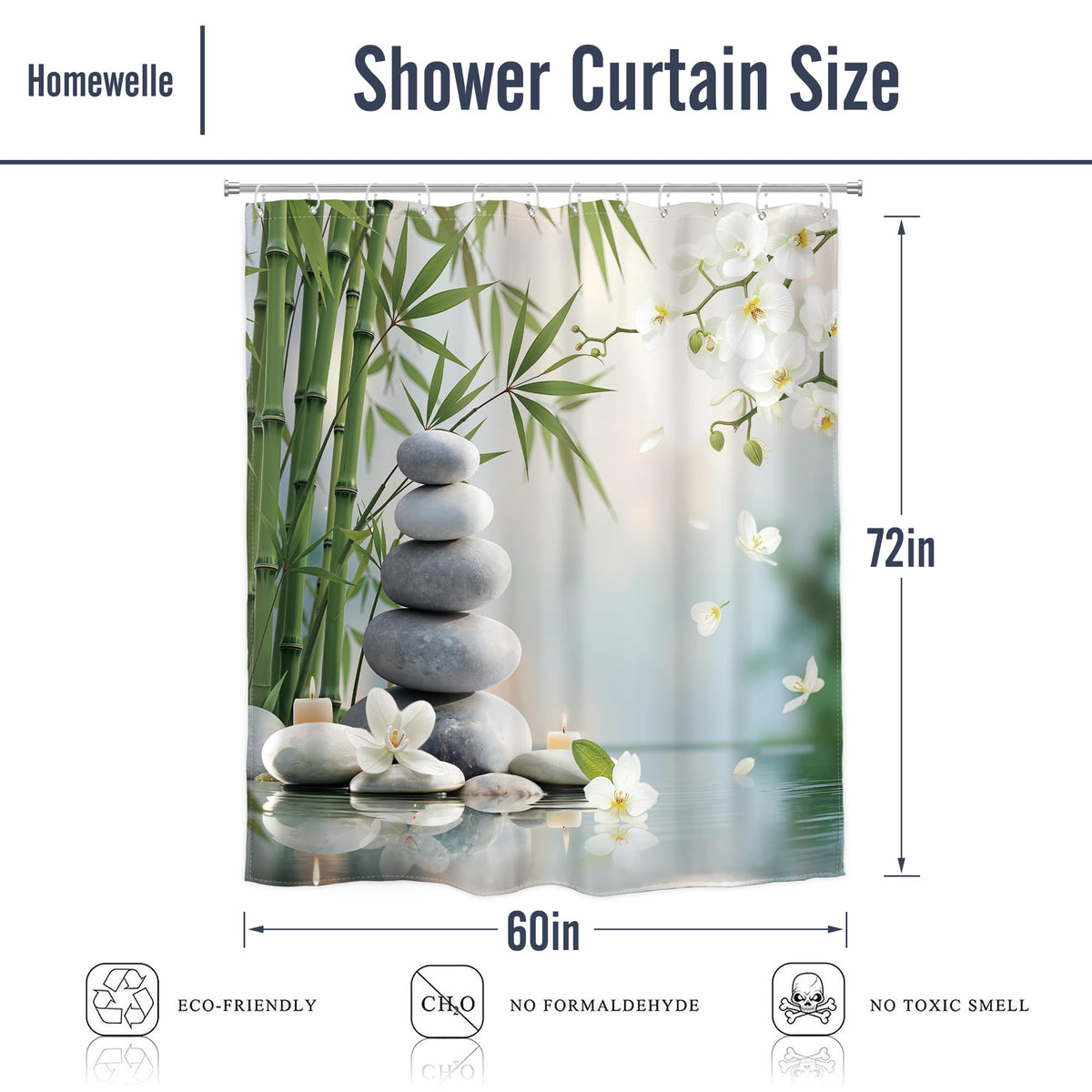 Zen Stone Meditation Shower Curtain Green Bamboo 60Wx72H Inch Decor (Zen01 / 60"W x 72"L (Pack of 1))