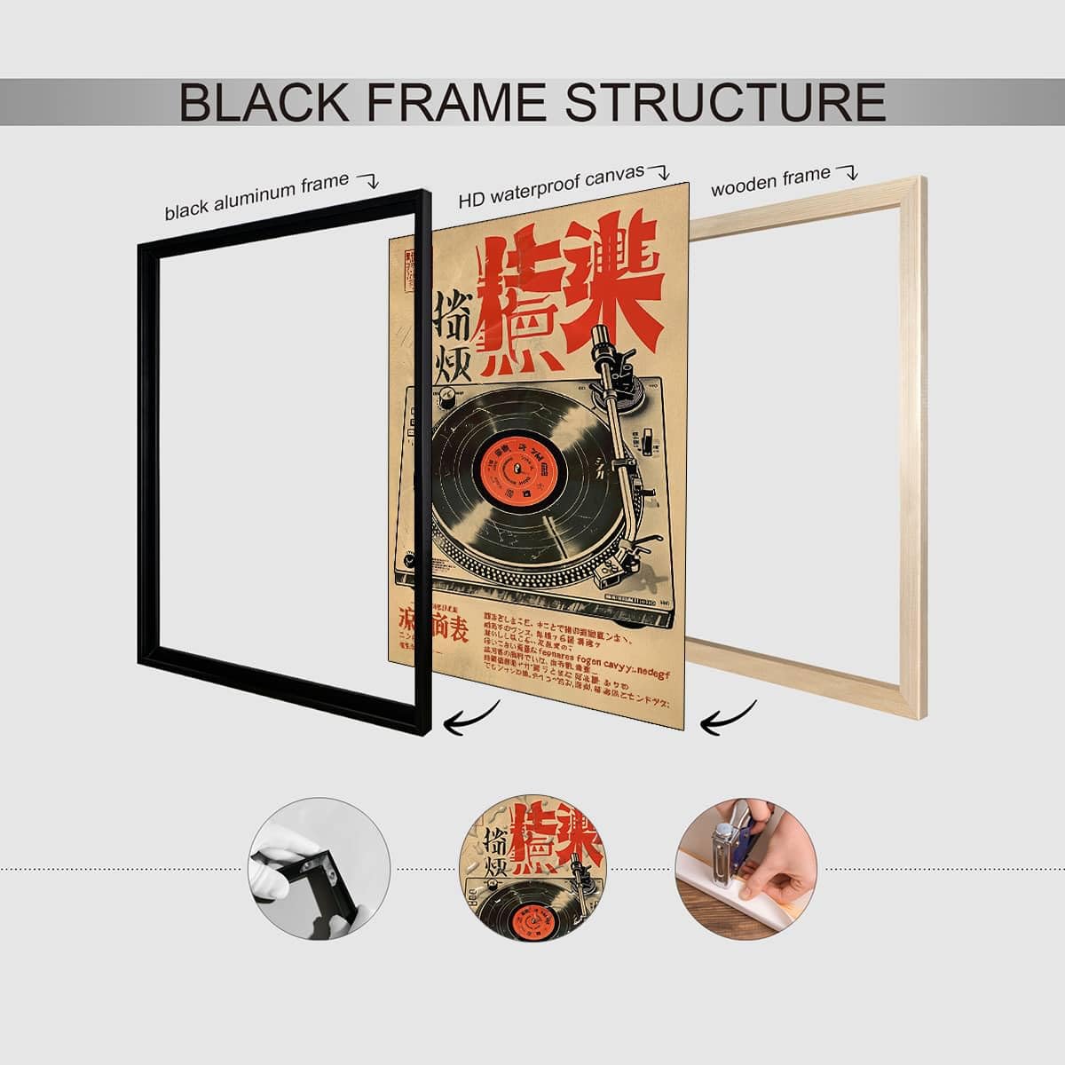 Black Framed Japanese Wall Art 8x10in Vintage Record Player Music Poster Retro Ukiyo (Black Framed / Japanese Wall Art / 10"L x 8"W)