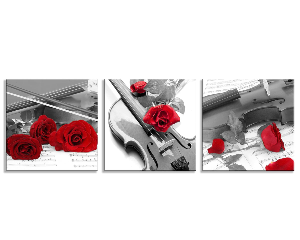 3 Pcs 12X12inches Canvas Print Violin and Red Rose in Black and White Modern Giclee Stretched and Framed Artwork for Home Decor Music Pictures Prints On Canvas for Wall (12 x 12 inches (3-Piece Set) / Violin and Rose)
