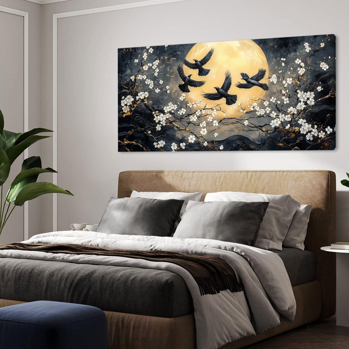 Black Art Crows and Cherry Blossoms Wall Art for Living Room Office Symbolism Traditional Ink Painting Prints Oriental Canvas Artwork Dining Bedroom Decor Extra Large (Abstract / Black Gold Crows Cherry Blossoms Wall Art / 58"L x 28"W)