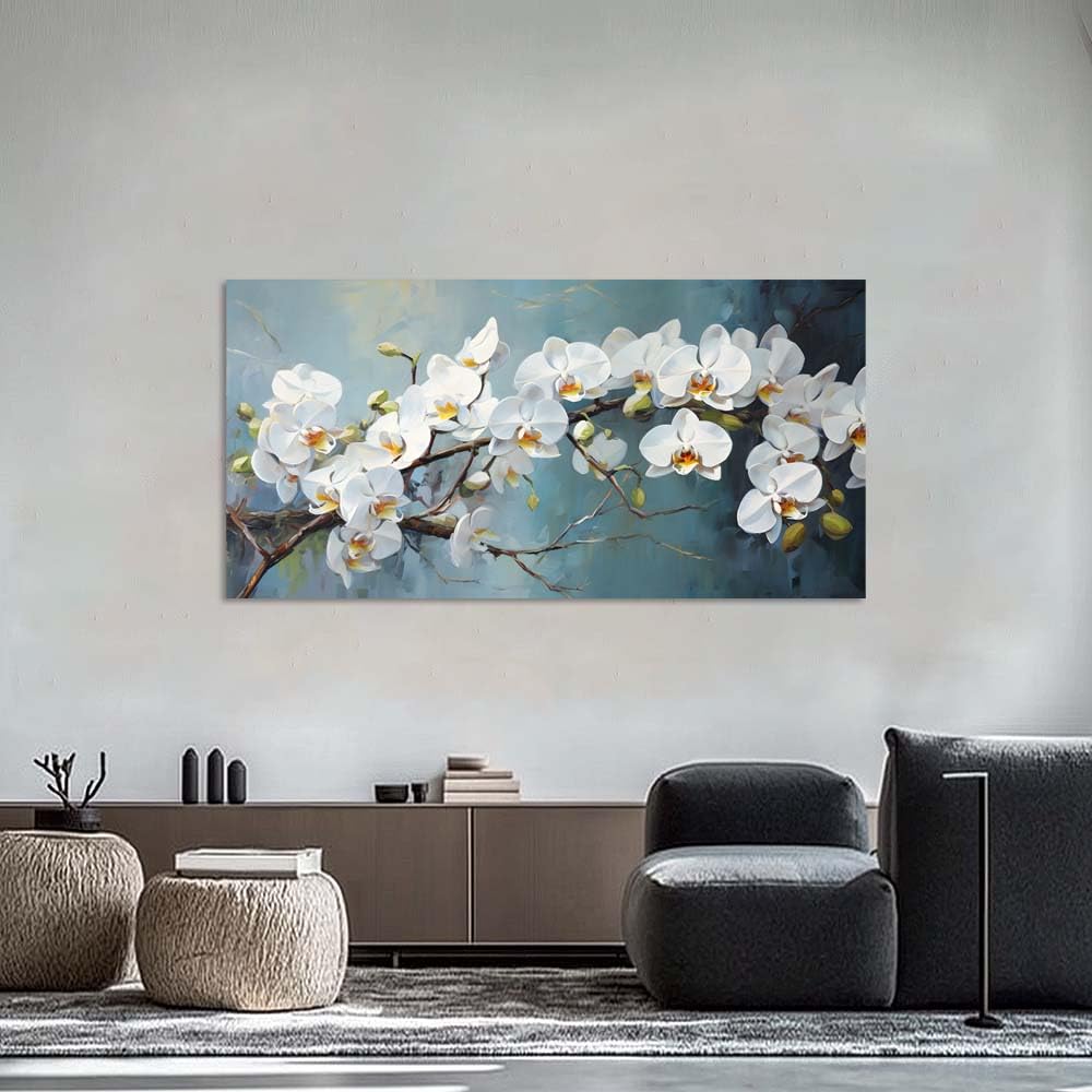 White Orchid Canvas Wall Art Floral Branch Painting Light Blue Background Flat Print Gallery Wrapped Botanical Artwork for Living Room Bedroom Bathroom Decor (Mysterious / White Orchid Blossom 30 / 58"L x 28"W)