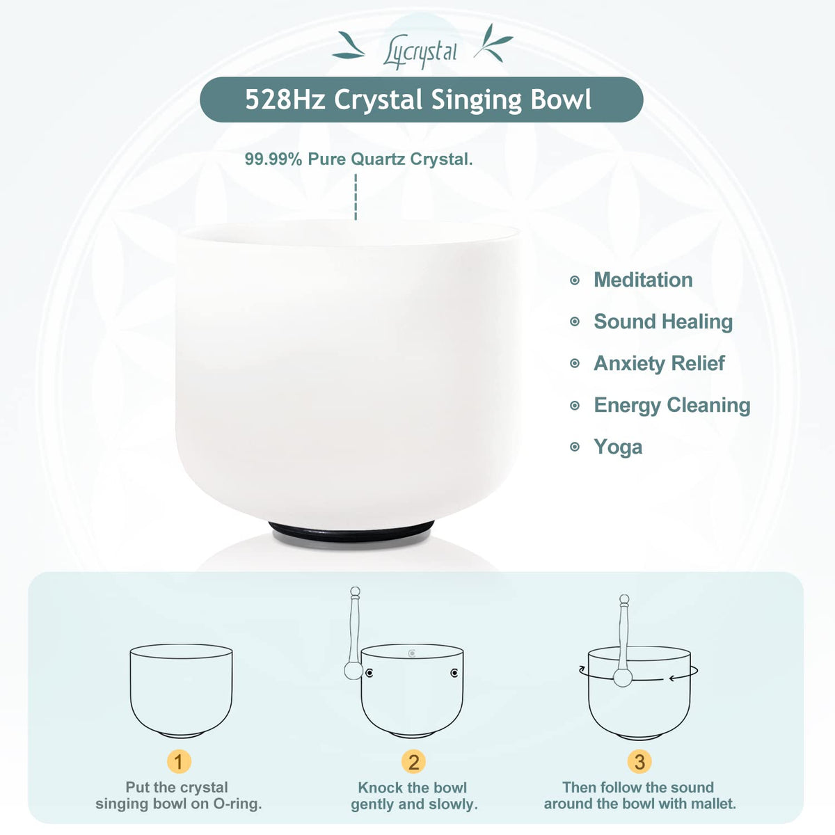 528 Hz 8 Inch C Note Root Chakra Crystal Singing Bowl (8"C / white 2)