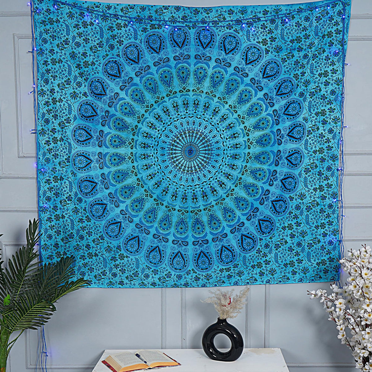Handmade Cotton Peacock Mandala Tapestry (90"L x 84"W / Turquoise)