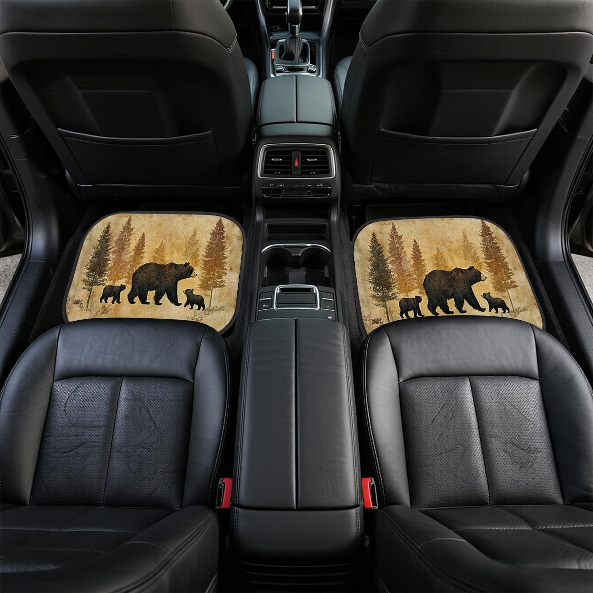 Black Bears Car Floor Mats Set of 4 Old Fashioned Fabric Pine Forest Carpet Front Rear Carpets Mat Non (26.8"L x 17.3"W x 0.4"Th / Black Bears)