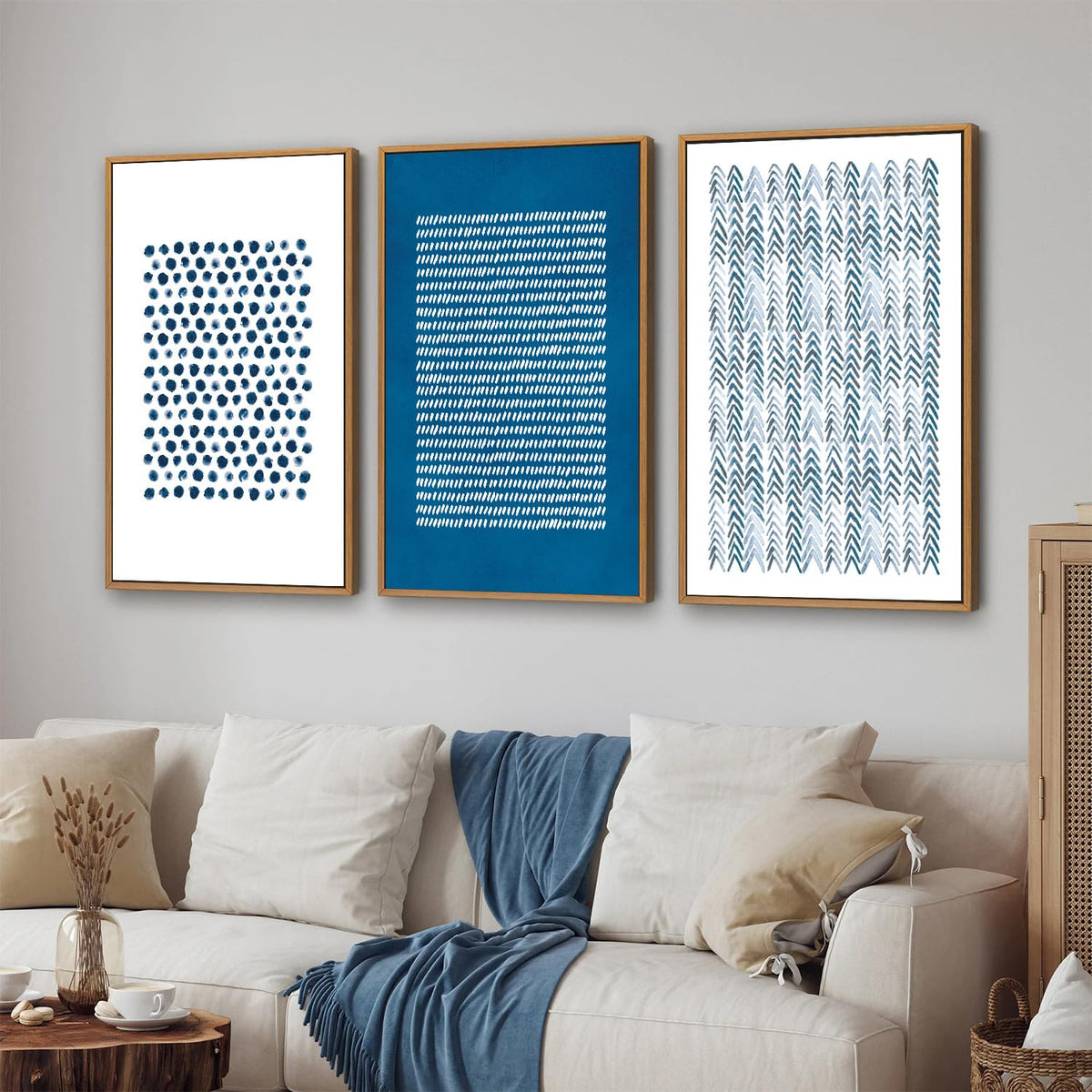 Navy Blue and White Framed Canvas Wall Art Set (Modern Geometric Dots Line / 36"L x 24"W)