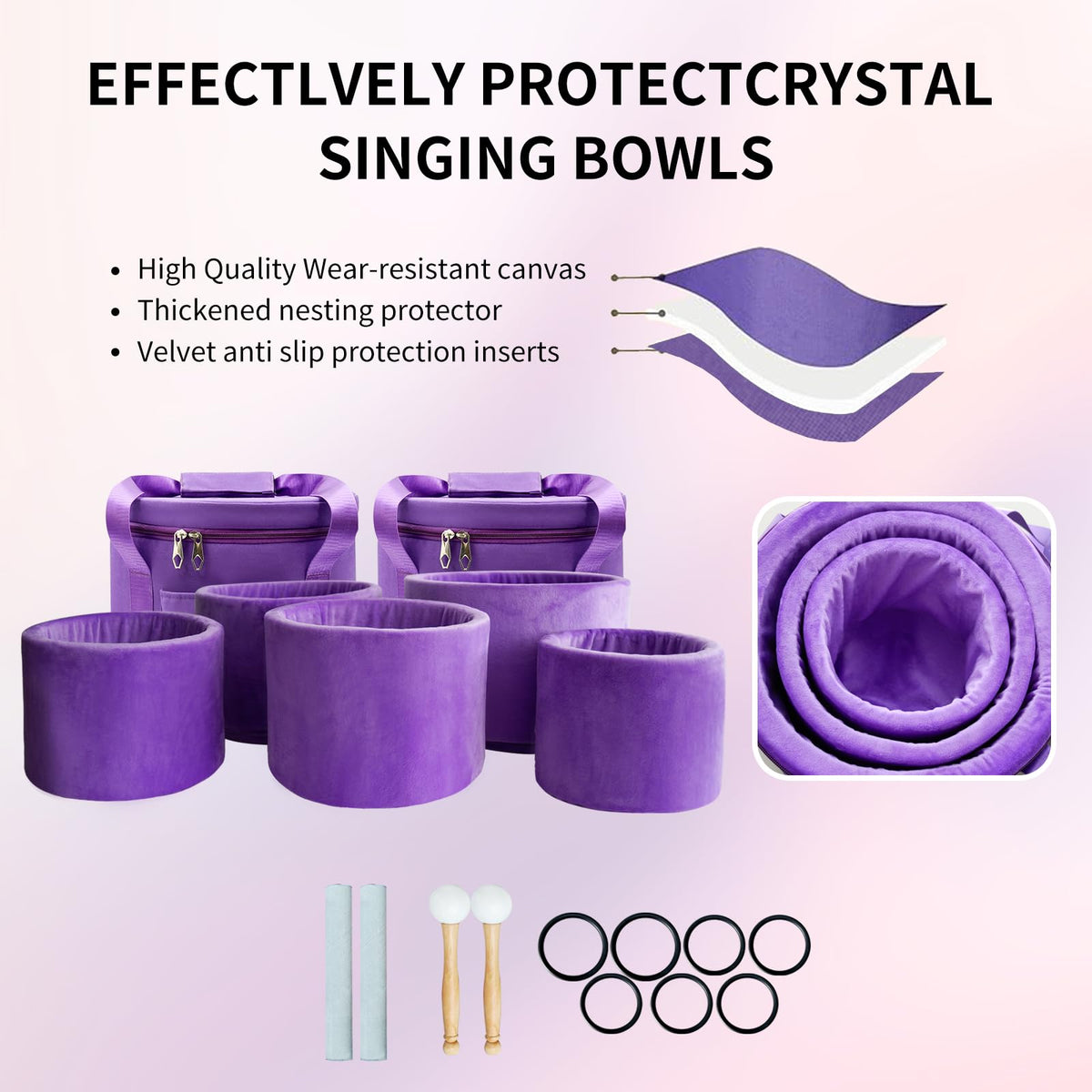 7PCS 432Hz Rainbow Quartz Crystal Singing Bowls Set for Meditation (7-12inch 432hz Multicolored 7PCS)