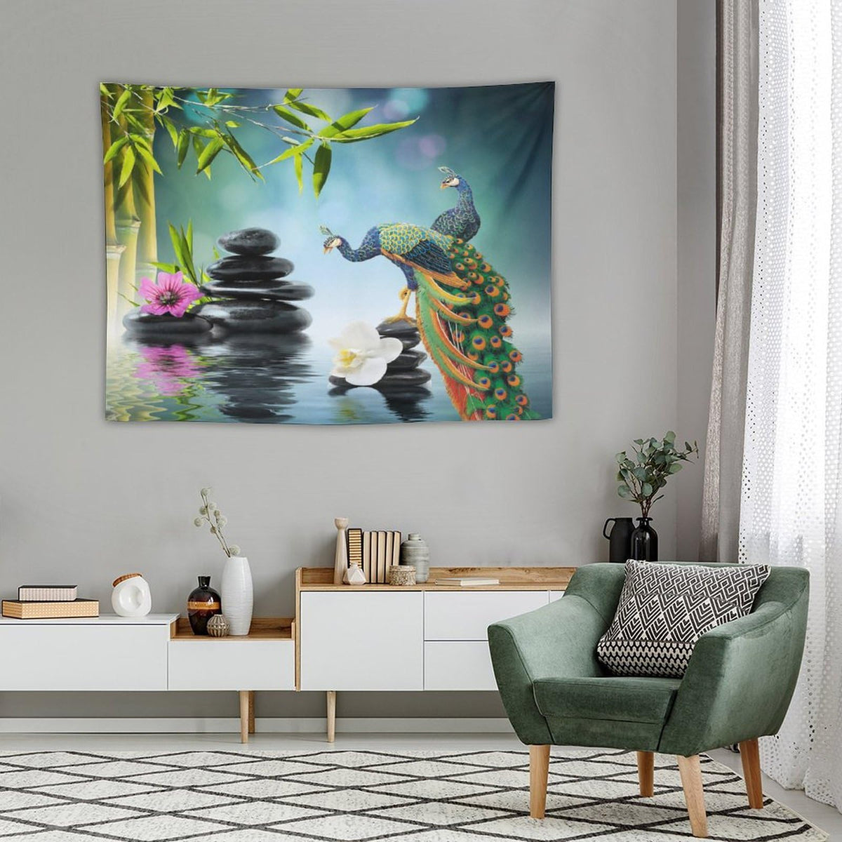 Zen Garden Tapestry Wall Hanging Peacock Green Bamboo Leaf Purple White Flower Black Stone Water Landscape Spa Themed Tapestries Home Decor for Living Room Bedroom 30"x40" (30"L x 40"W / Zen-9)