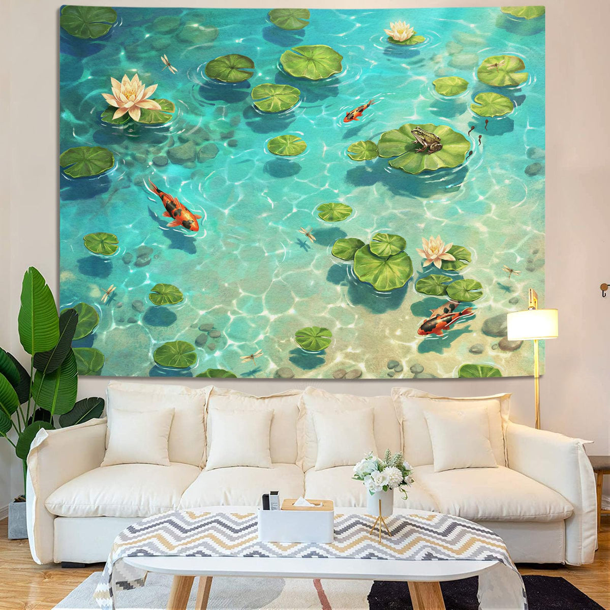 Japanese Summer Pond Tapestry (Art Deco / Teal / 80"L x 60"W)
