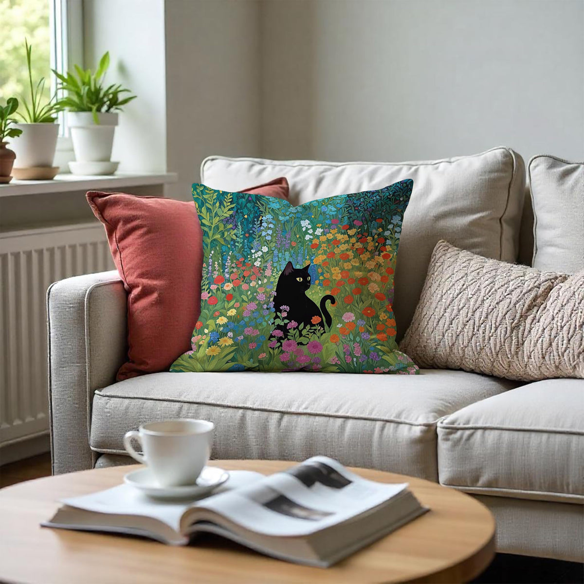 Floral Black Cat Pillow Covers 18x18 (Style04)