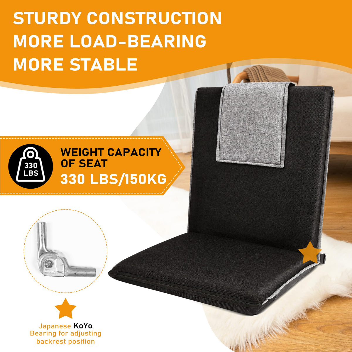 Floor Chair with Back Support Foldable Meditation Seat (Black & Grey)