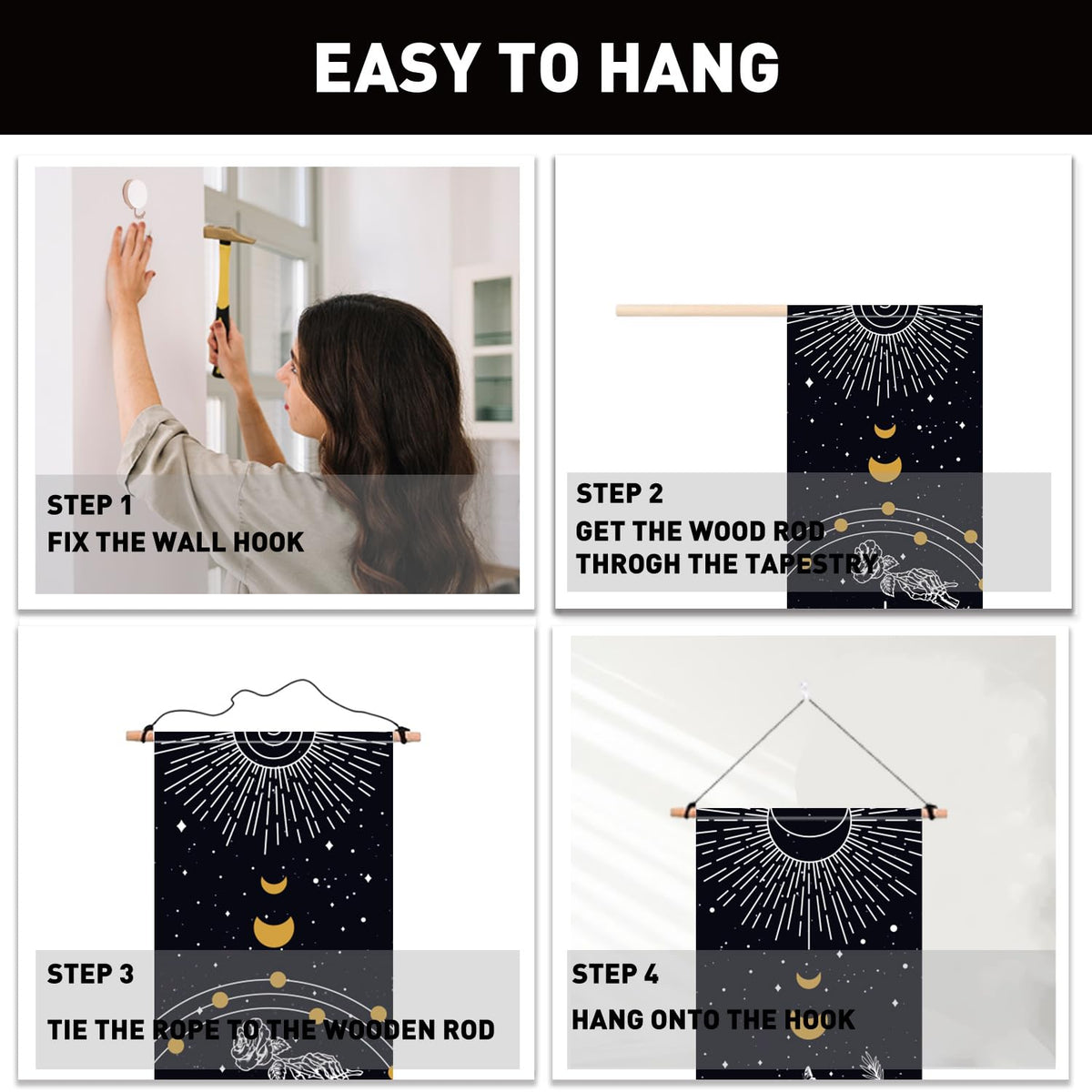 2 Pack Moon Phase Tapestry with Tassels (black,yellow)