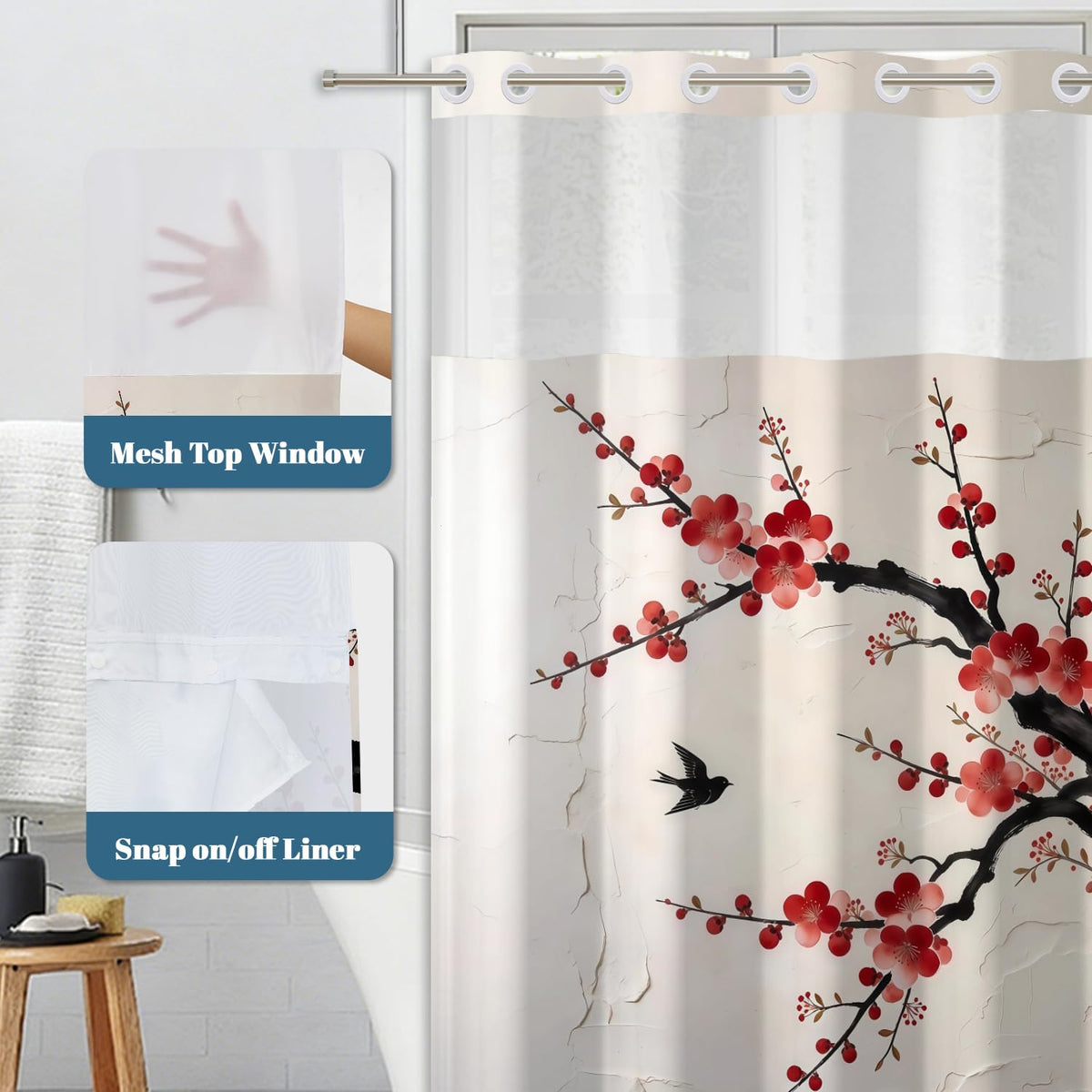 Plum Blossom Shower Curtain with Snap in Liner (Red Plum Blossom)