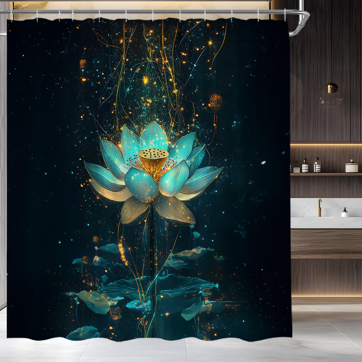Lotus Shower Curtain Fantasy Flower Elegant Blooming Floral Relax Spa Zen Spiritual Polyester Fabric Bathroom Decor Set with Hooks (Black Teal / 84"Wx70"H)