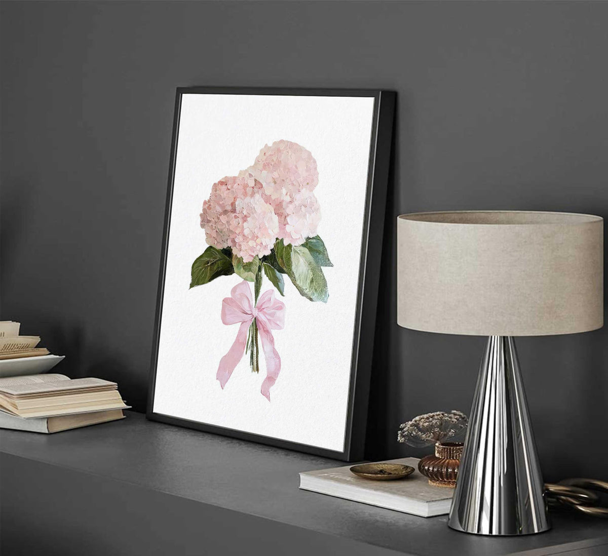 Framed Pink Hydrangea Floral Canvas Wall Art Coquette Pink Bow Hydrangea Flower Painting Picture Wall Decor Preppy Aesthetic Poster Print Artwork for Girls Bedroom Dorm Apartment Home Decoration (Framed Hydrangea / 16"L x 12"W)