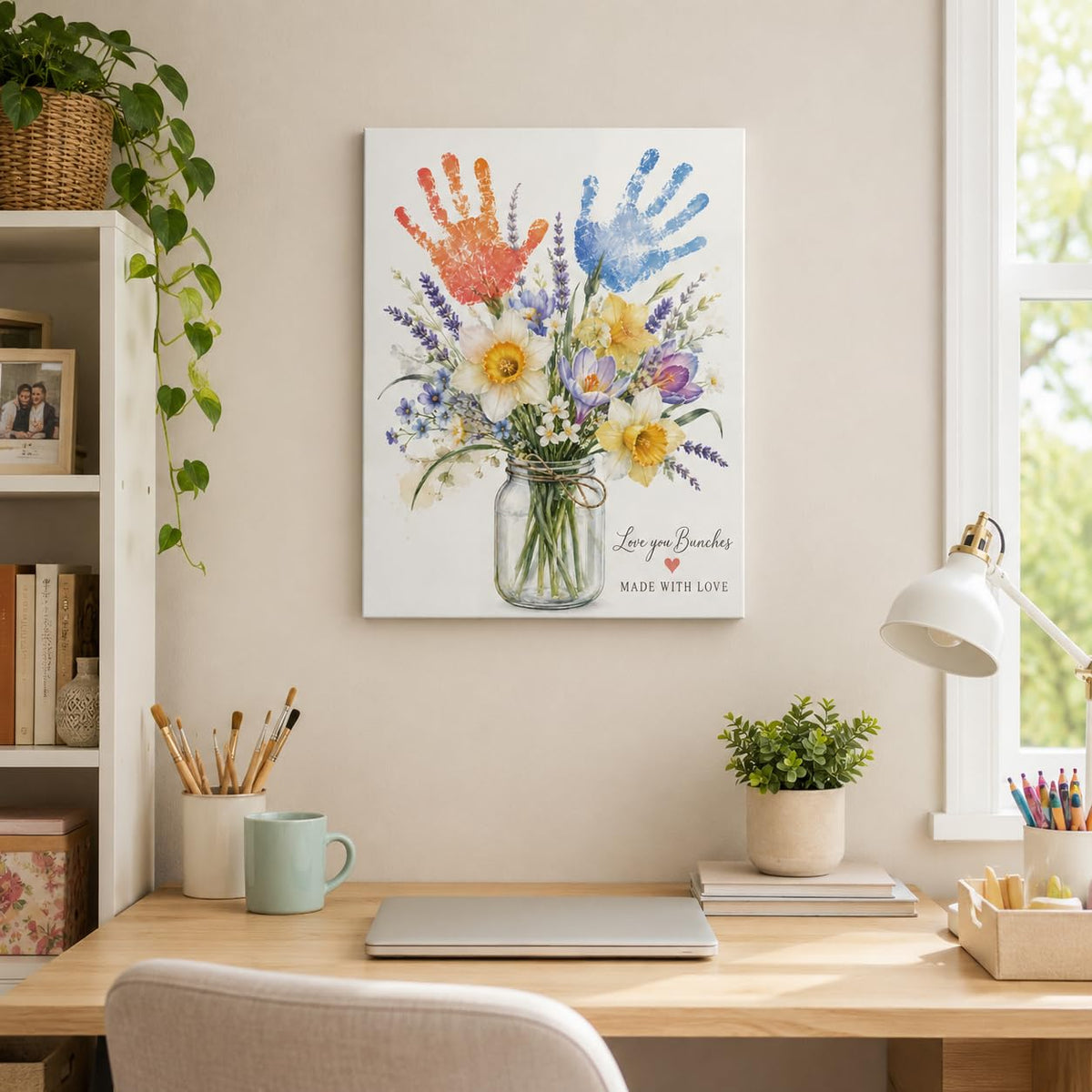 Handprint Floral Canvas Wall Art Framed Family Love Home Decor 12x16 Inch (Floral Handprint / 16"L x 12"W)