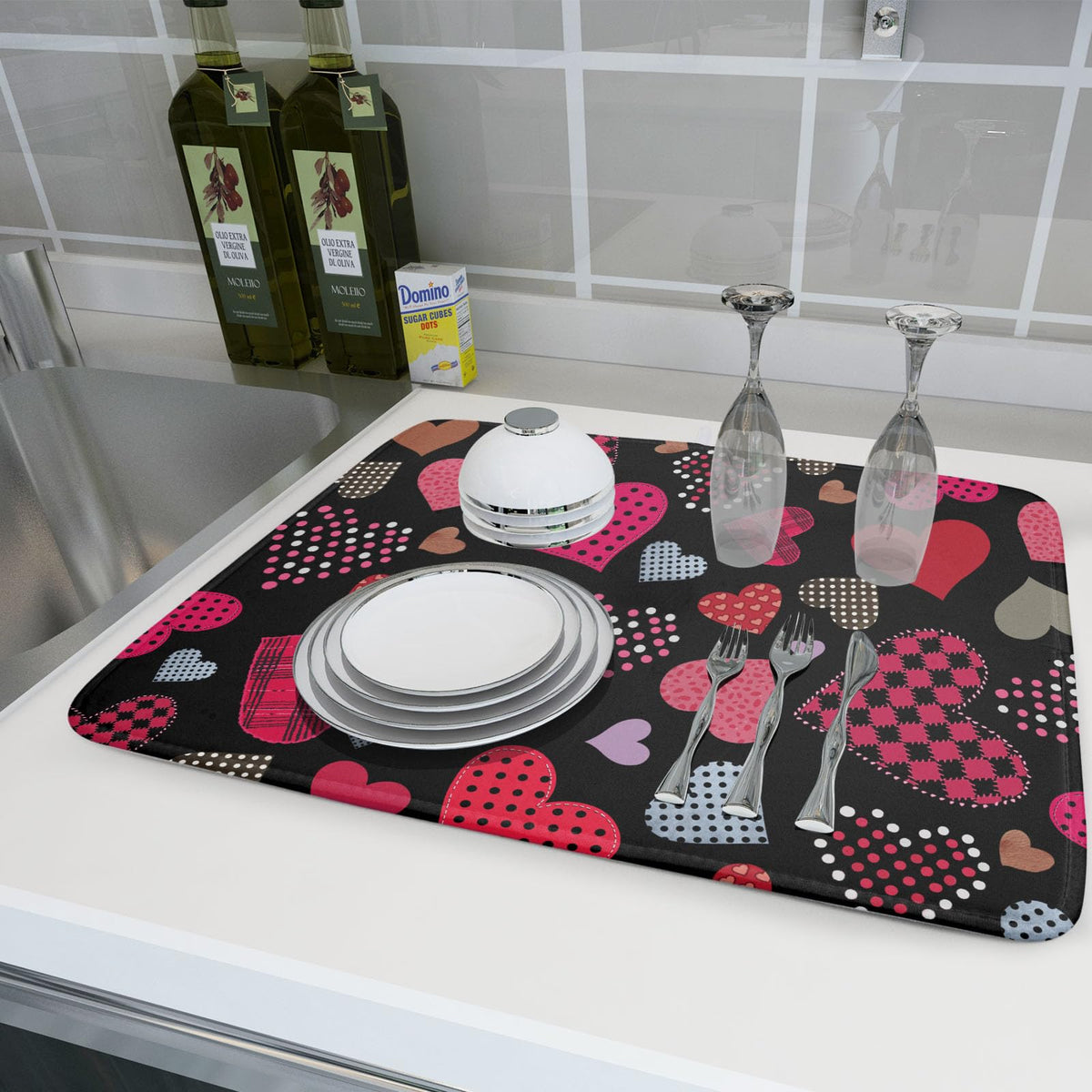 Happy Valentine's Day Black Dish Drying Mat for Kitchen Counter (Love Heart / 18" x 24")