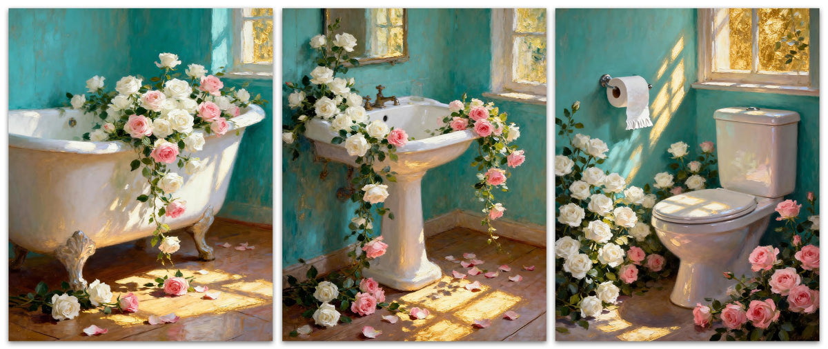 Vintage Floral Bathroom Wall Art Set of 3 (Vintage Floral Bathroom Wall Art Set of 3)