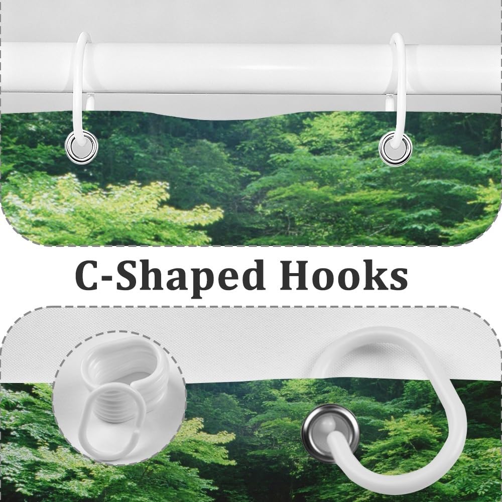 Spring Scenery Shower Curtain Set Decor Forest View Magnificent Waterfall Landscape Natural Scecery Green Leaves Grass Pink Floral Bath Curtain for Bathroom Decor with Hooks (72"W x 72"L (Pack of 1) / Green03)