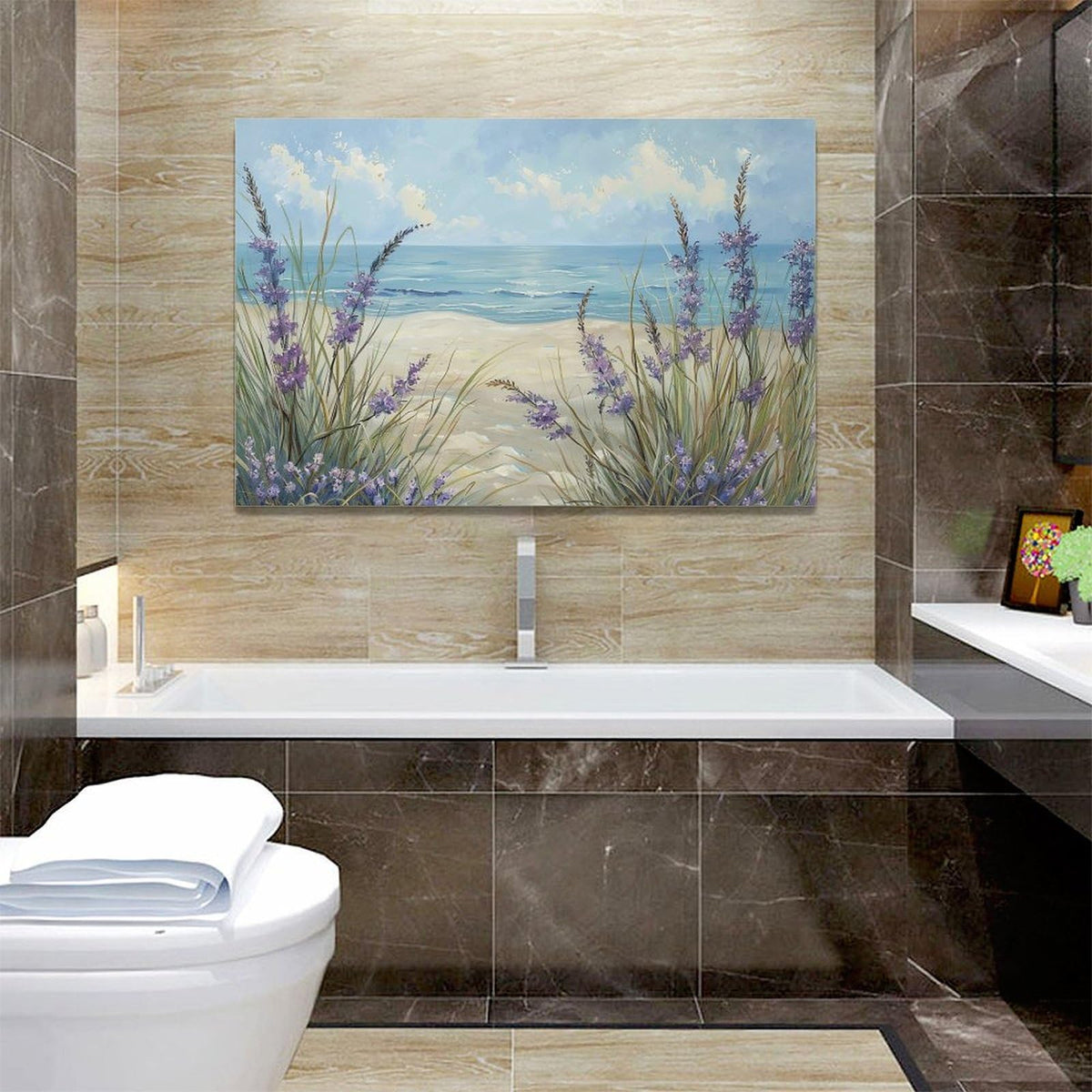 Beach Ocean Wall Art Coastal Flower Pictures Wall Decor Abstract Watercolor Seaside Canvas Painting Beach Floral Artwork for Bathroom Living Room Bedroom Kitchen Office 24x16 inch (24"L x 16"W / Grass Beach)