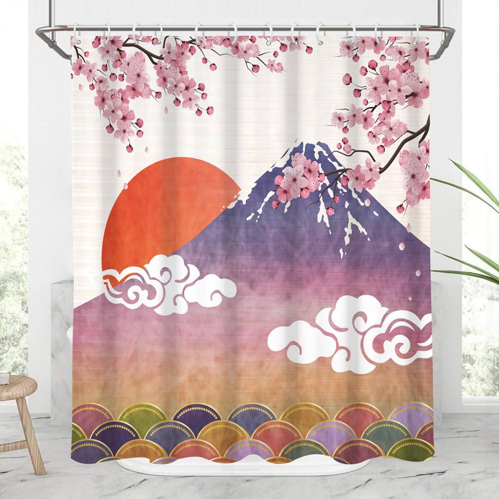 Japanese Cherry Blossom Shower Curtain Set for Bathroom Asia Cherry Blossom Shower Curtain Sun Clouds Pink Purple Fuji Mountain Sea Ocean Wave Spring Floral Flowers Waterproof Fabric (72"W x 96"L (Pack of 1) / Pink Purple)