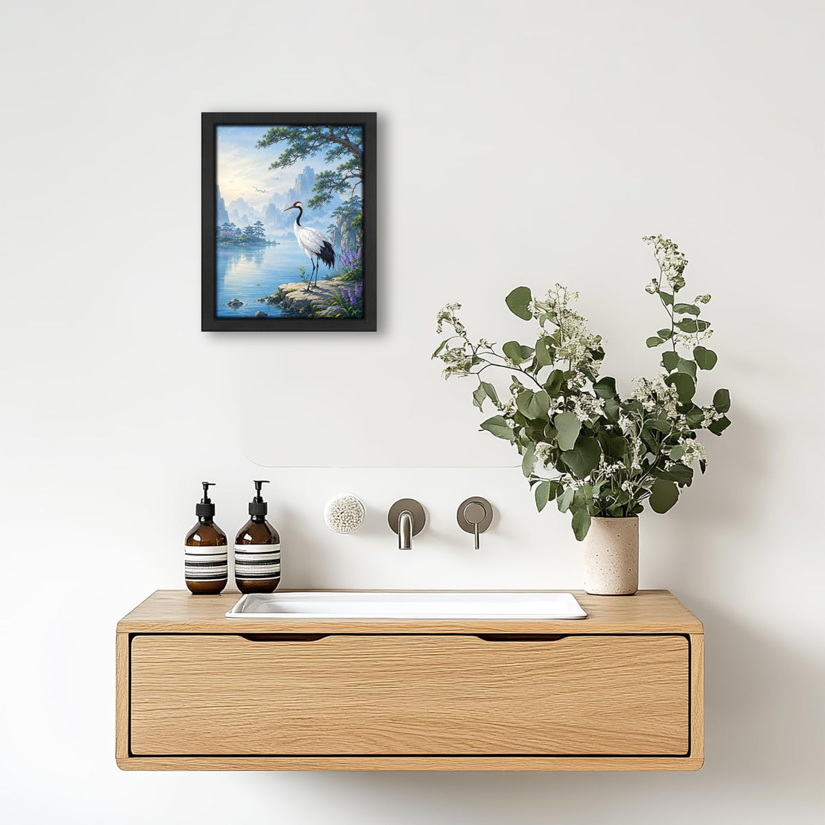 Red Crowned Crane Decor Wall Art (Wall Art Framed 18 / 16"L x 12"W)