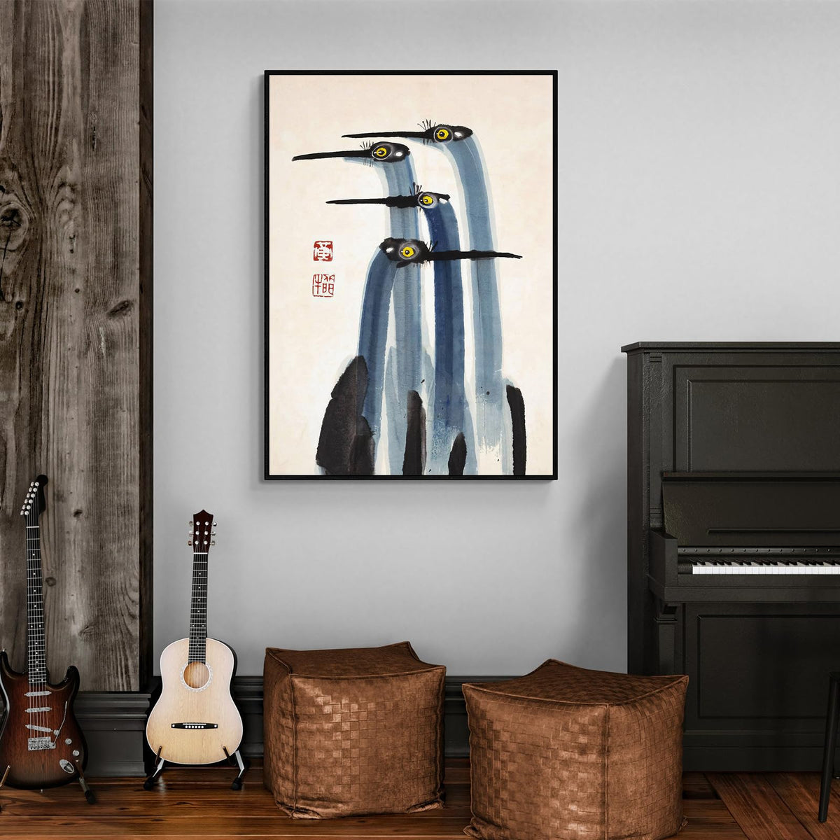 Vintage Japanese Crane Black Framed Poster Antique Asian Bird Canvas Wall Art 24x36 inch Blue Minimalist Animal Watercolor Prints for Country Farmhouse Wall Decor for Living Room Study Office Ready to hang (Black Framed / Japanese Decor / 36"L x 24"W)