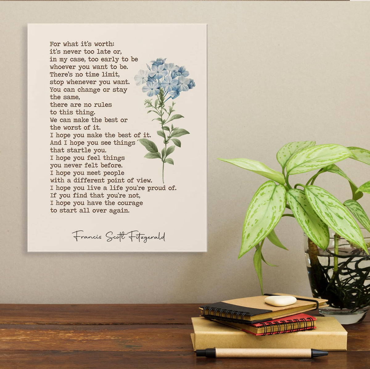 Inspirational Book Quote Wall Art Decor 11x14 Inches (Literary Blue Floral)
