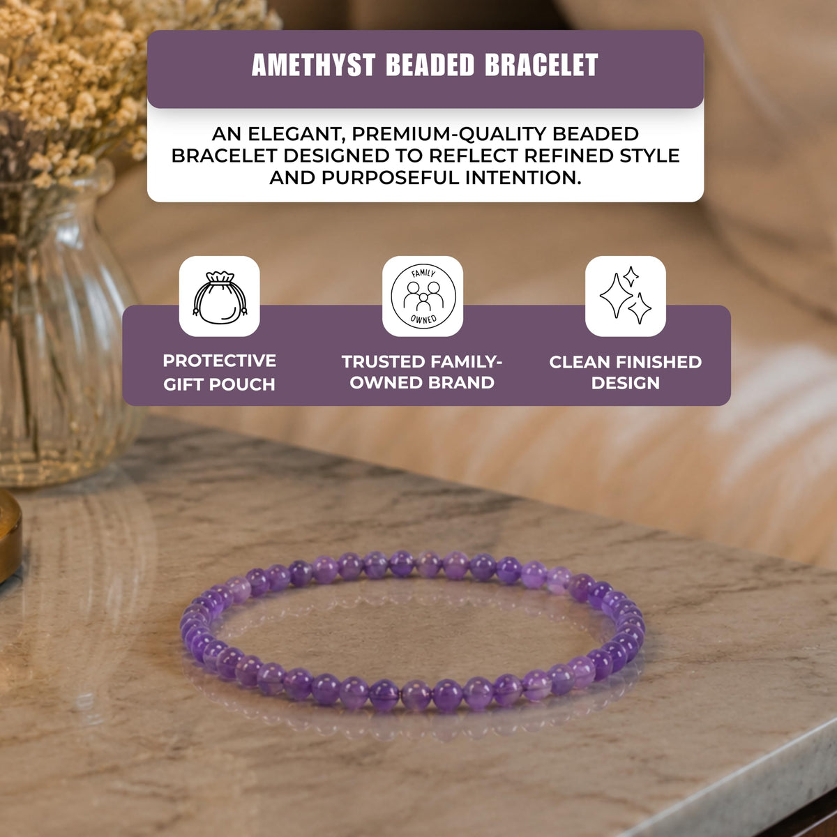 Amethyst Bracelet 4mm Beaded Bracelet (Amethyst / Medium)