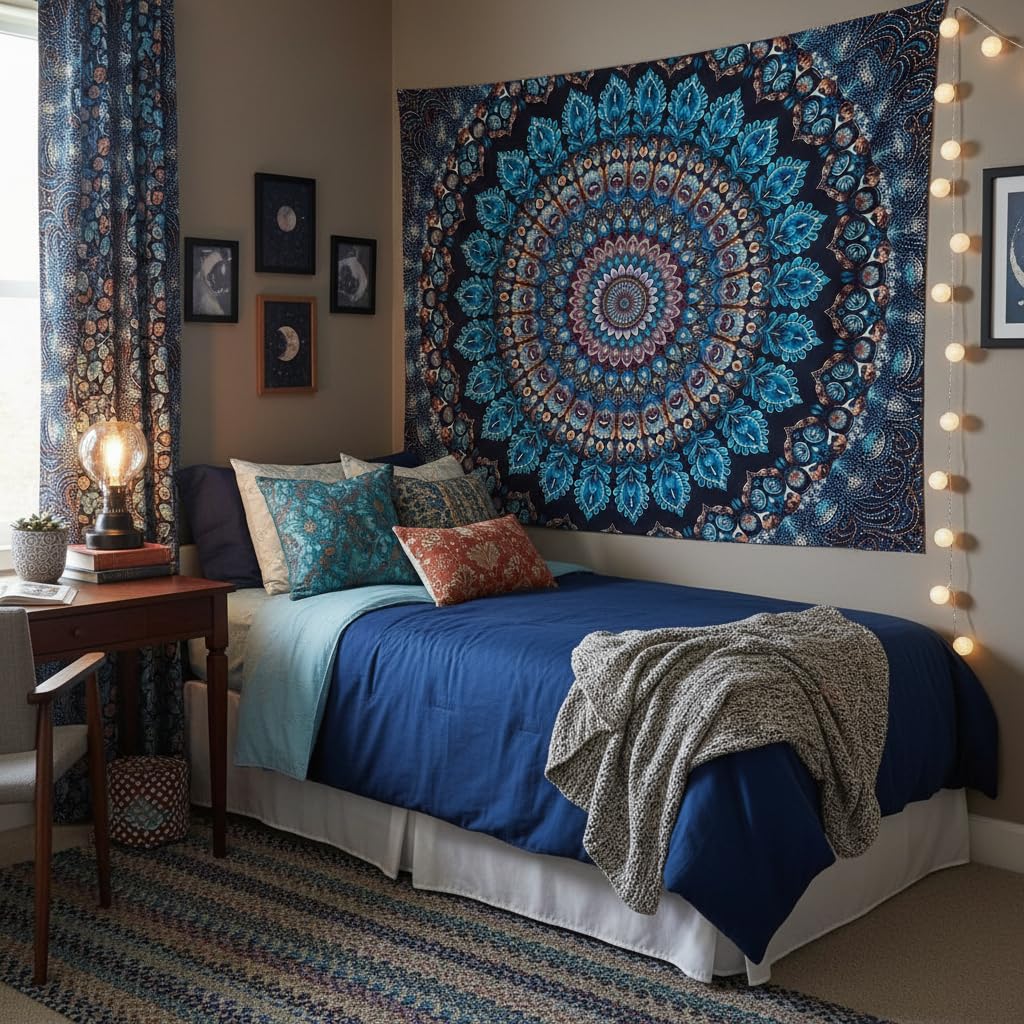 Blue Mandala Tapestry Wall Hanging Vintage Medallion Tapestry Aesthetic Hippie Boho Floral Cool Cute Small Tapestries for Bedroom Living Room Dorm Decor 60 x 44 Inch (Bohemian / Navy Blue / 60"L x 44"W)