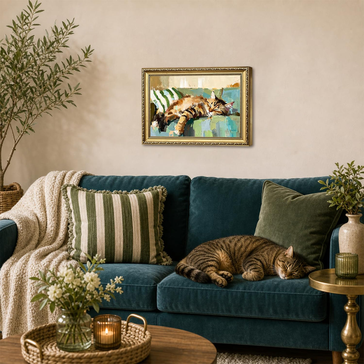 Sleeping Cat Wall Art Cute Tabby Cat Wall Decor Picture Cozy Kitty Animal Canvas Painting Print for Bedroom Living Room 12x16 inch Gold Framed (Animal-P / 16"L x 12"W)