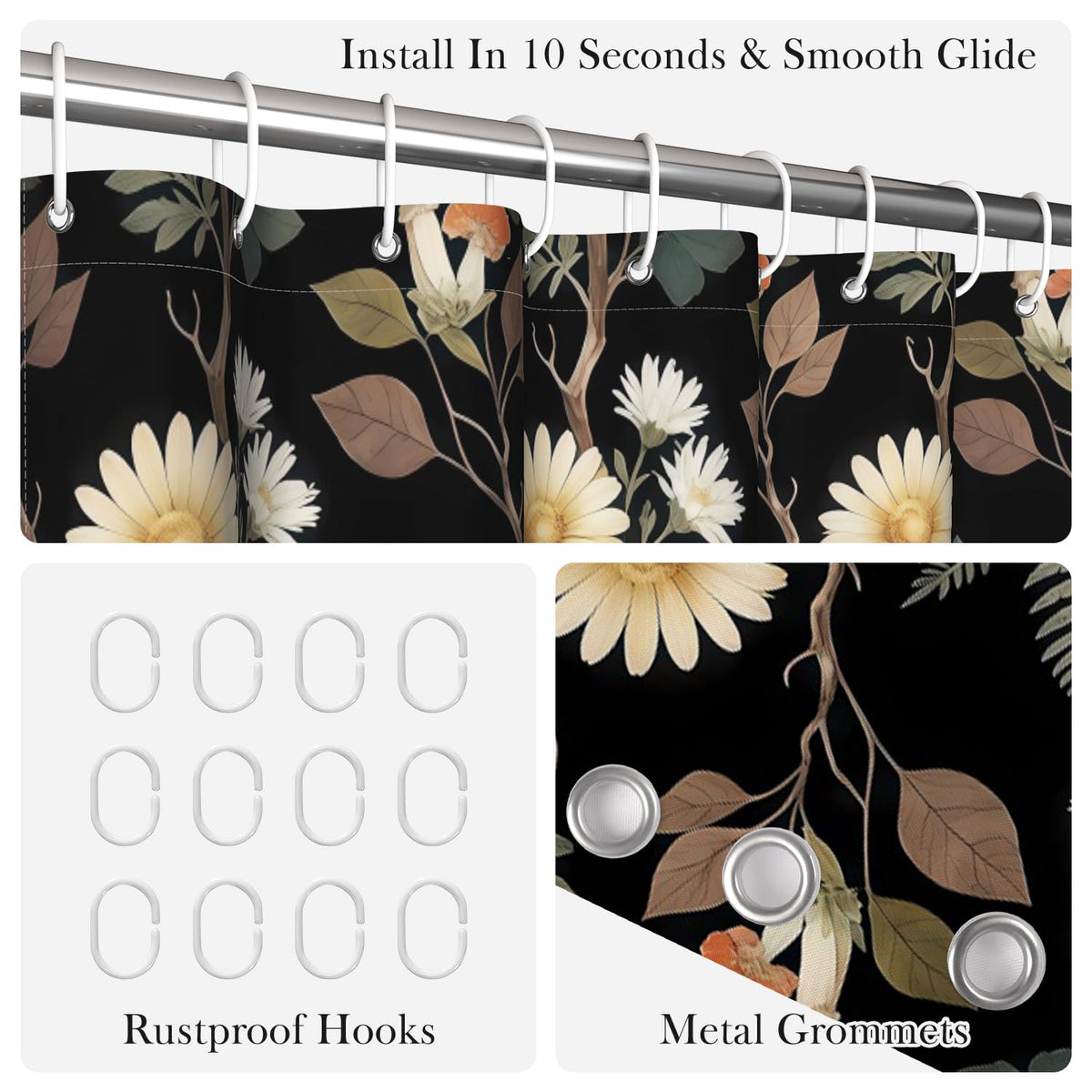 Dark Botanical Floral Shower Curtains for Bathroom (Dark Botanical)