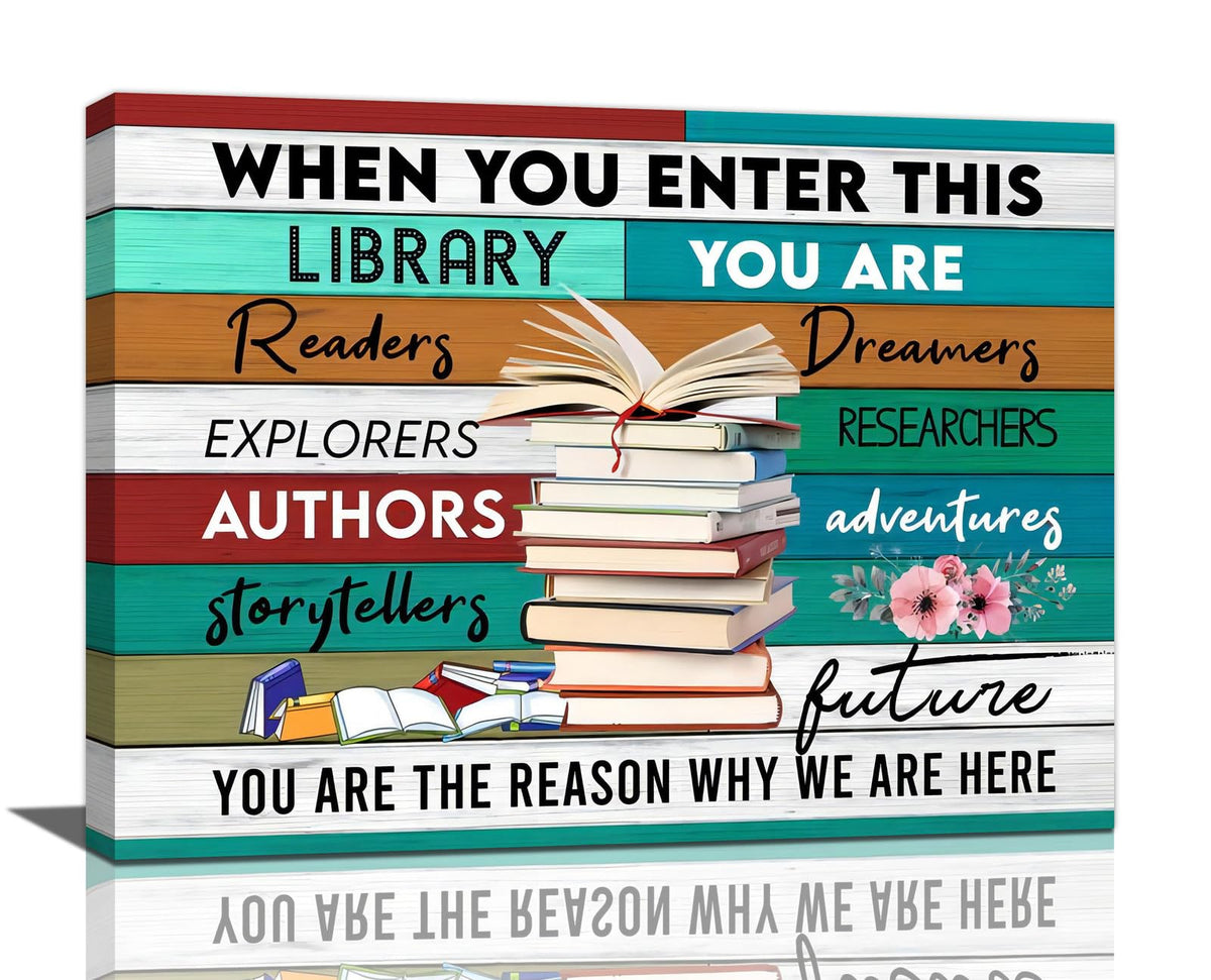 Library Wall Art Reading Book Inspirational Quotes Pictures Wall Decor Canvas Painting Artwork Framed For Library Book Room Bookish Club 20"x24" (Library / 24"L x 20"W)