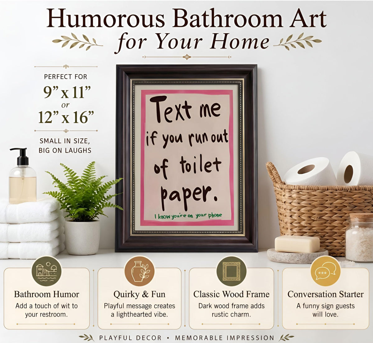 Dark Brown Framed Text Meif You Runoutof Toiletpaper Wall Art 9x11in (Bathroom Quotes / 11"L x 9"W)