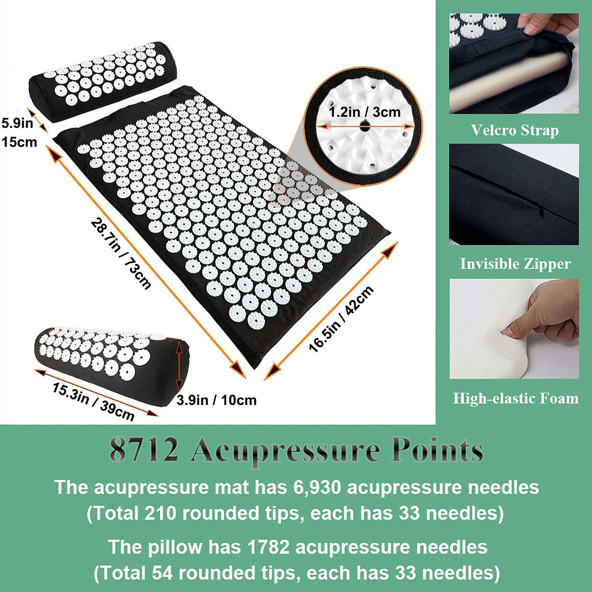 28.7" Acupressure Mat and Pillow Set with Carry Bag (Black)