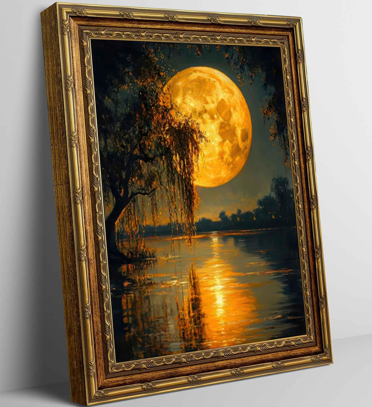 Full Moon Lake Canvas Wall Art Framed Moon Forest Tree Decor Picture Vintage Moody Dark Gold Living Poster Prints for Study Office Corridor Room Resort Home Decoration (moon / 24"L x 16"W)