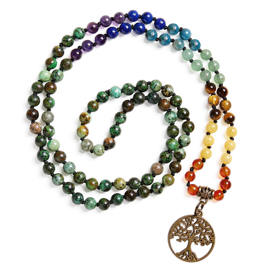 108 Mala Beads Necklace 7 Chakra Semi (6mm / Life Tree - African Turquoise)