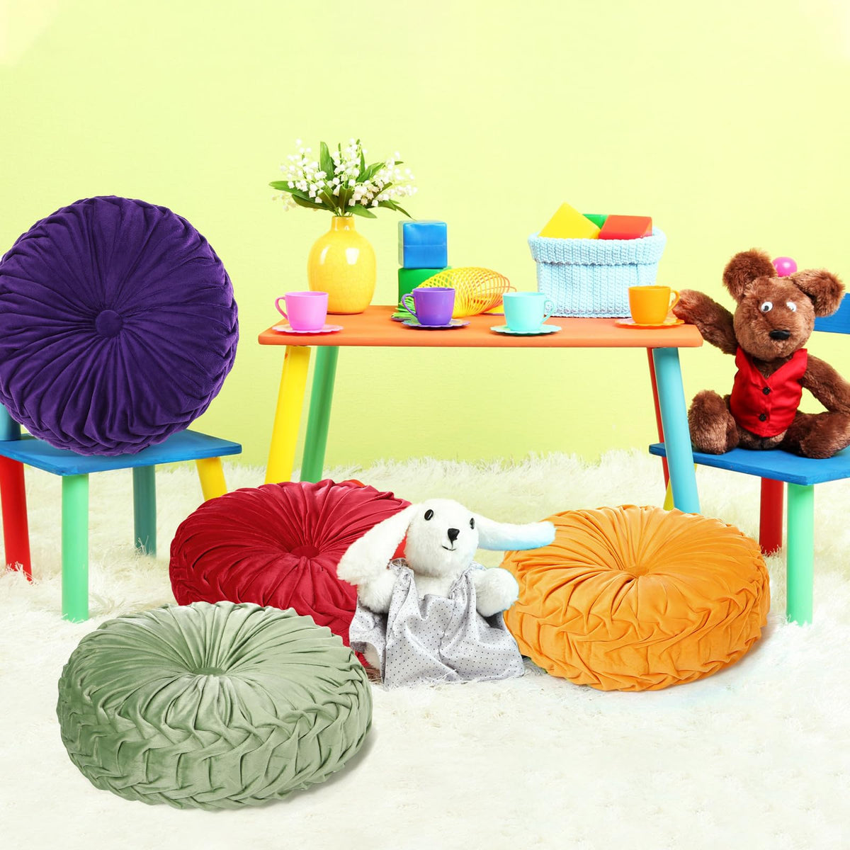 6 Pcs 15" Round Velvet Floor Cushions for Kids (Bright Color)